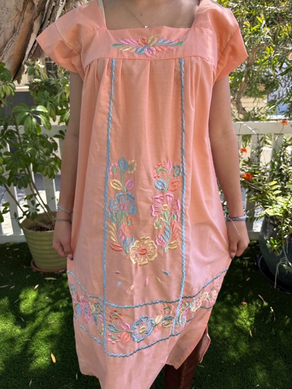 Peach Embroidered Cotton blend Mexican muumuu Midi Dress - Picture 6 of 9